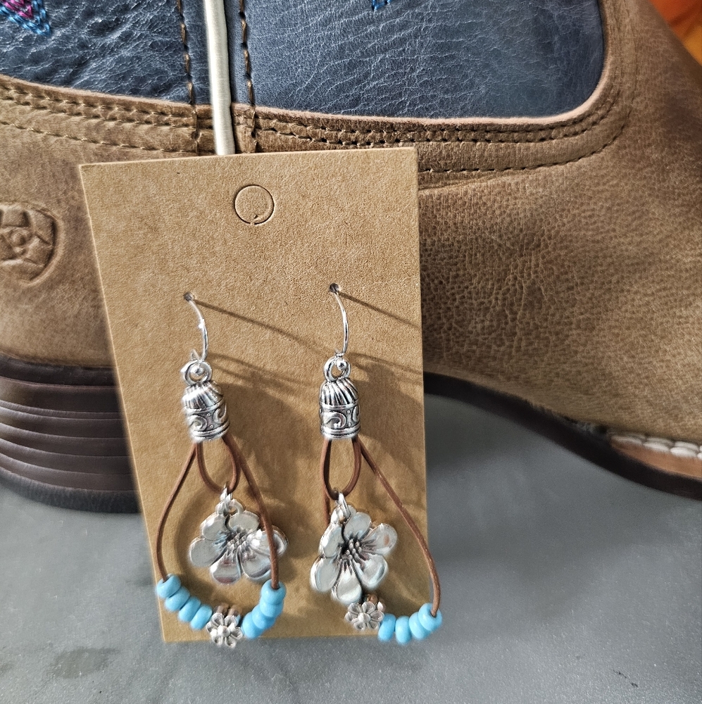 Brown, Silver and Turquoise Floral Earrings